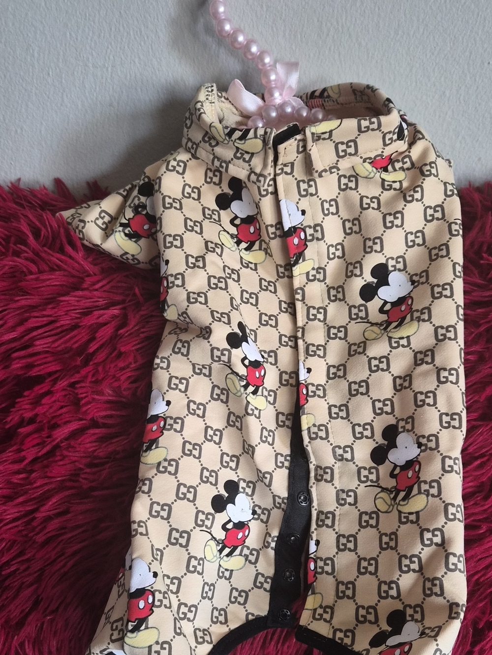Gucci Beige Mickey Print Dog Romper with Red Accents